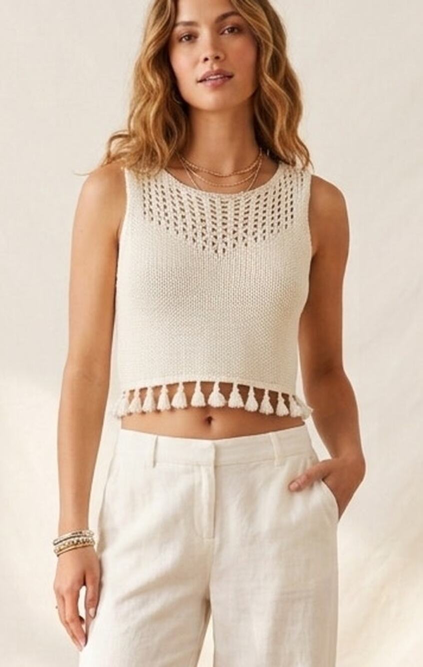 Loveriche Cream Cotton Blend Crochet Yoke Tassel Fringe Crop Tank S Boho Beach